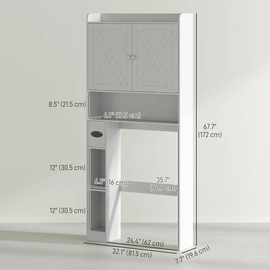 ZIRAV Over The Toilet Storage Cabinet, Farmhouse Above Toilet Bathroom Organizer with Barn Doors, Adjustable Shelf, Toilet Paper Holder, Freestanding Space Saver for Laundry, Distressed White