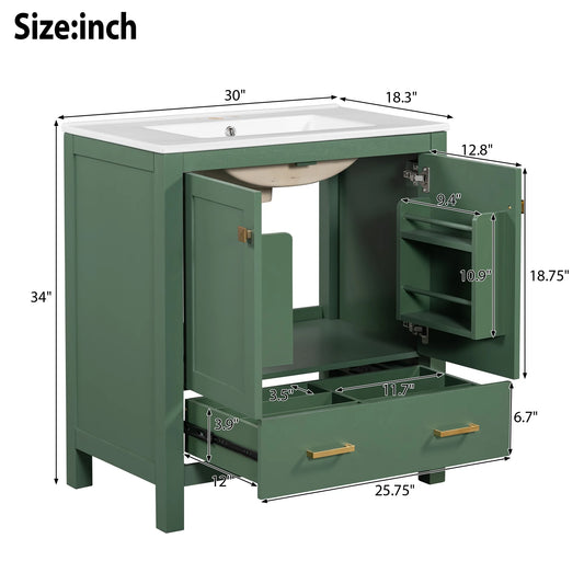 Harper & Bright Designs 30" Bathroom Vanity with Sink Combo, Bathroom Cabinet with Ceramic Top, Multifunctional Storage Doors and Drawer, Green