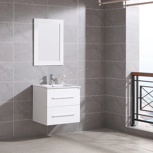 Wonline 24" Wall Mounted Bathroom Vanity with Sink, White Cabinet with Two Drawer and Mirror Chrome Faucet
