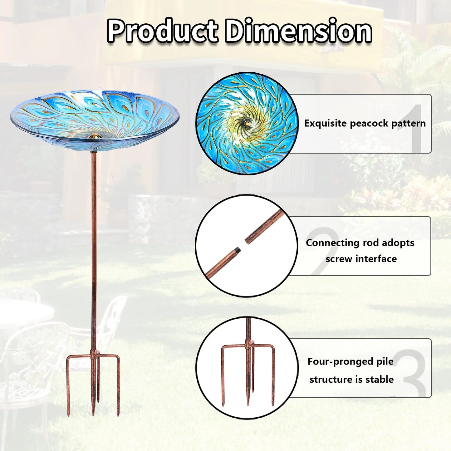 Glass Bird Bath, Garden Outdoor Birdbaths Birdfeeder with Metal Stake Peacock
