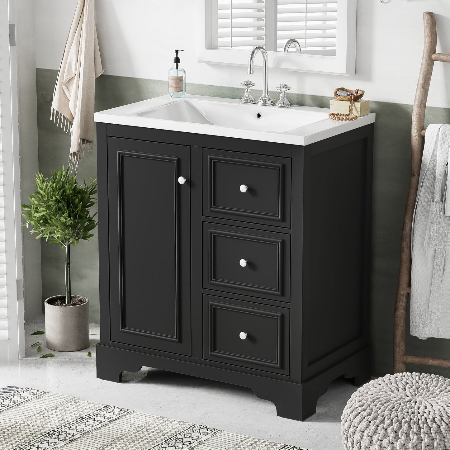 viswild 30" Bathroom Vanity with Ceramic Sink, Soft Close Drawers & Adjustable Shelf, Compact Freestanding Cabinet for Small Spaces, Black