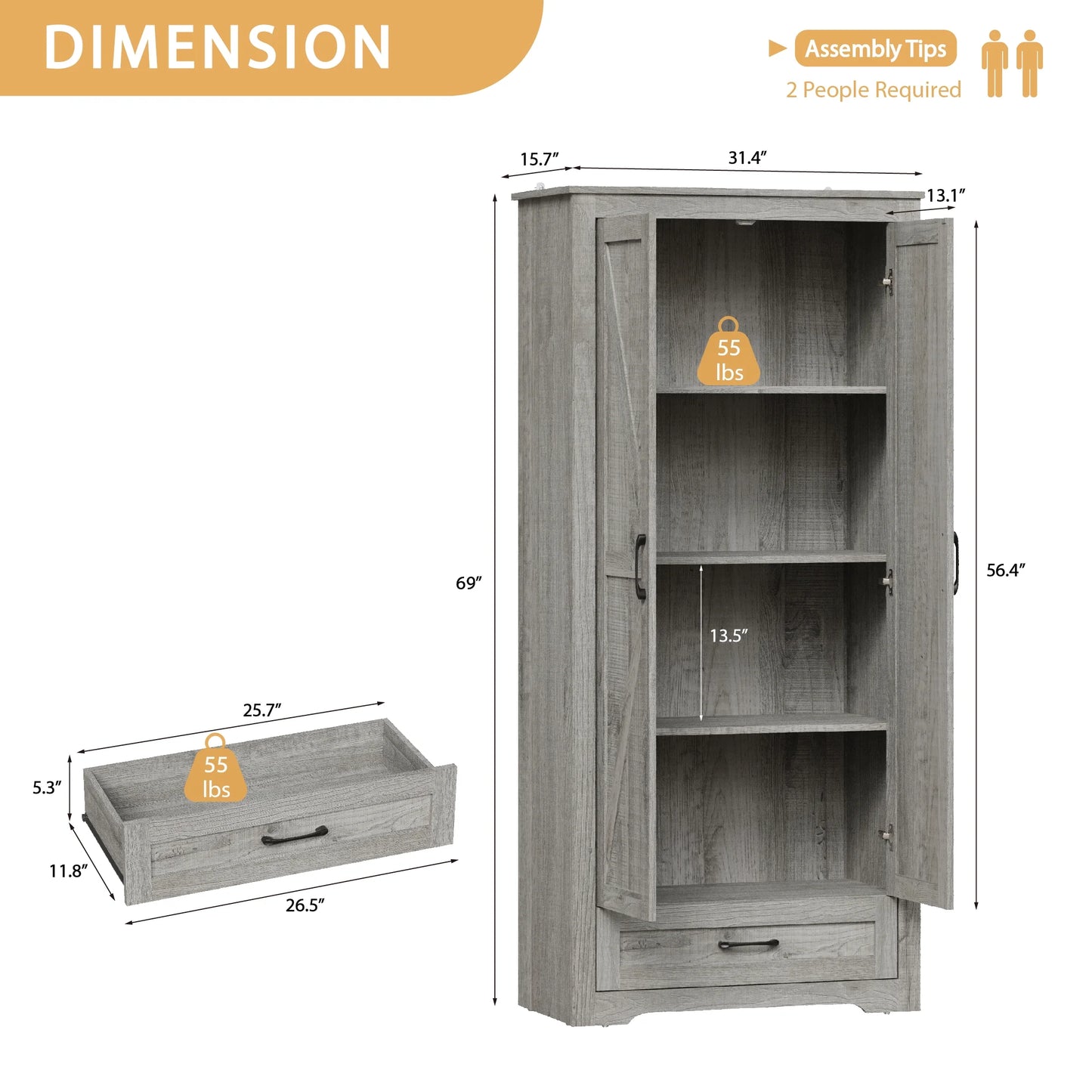 YouTrend 69" Tall Kitchen Pantry,Farmhouse Storage Cabinet with 2 Barn Doors 4 Adjustable Shelves and Large Drawer for Dining Room,Living Room,Bathroom,White
