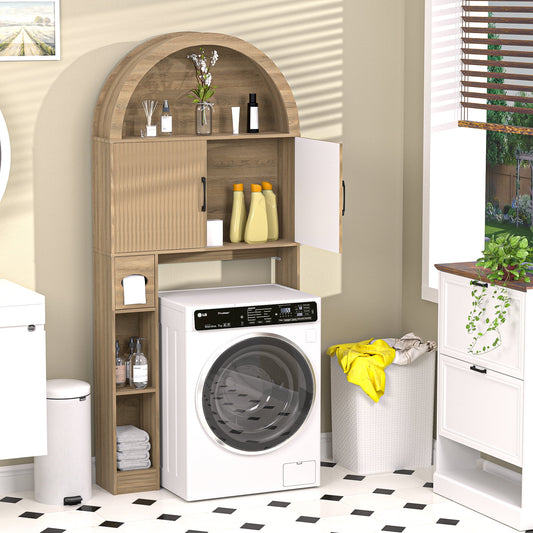 HARIPUL Over The Toilet Storage Cabinet w/ Unique Wood Grain & Arc Design, Freestanding Bathroom Shelf Organizer Space Saver w/ Doors & Anti-Tip Device, Wood Color