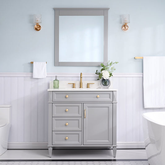 FORCLOVER 36" Bathroom Vanity with Sink Top Combo Set, Freestanding Solid Wood Bathroom Makeup Cabinet W/ 1 Soft-Close Door and 3 Soft-Close Drawers, Carrara White Quartz Countertop, Grey