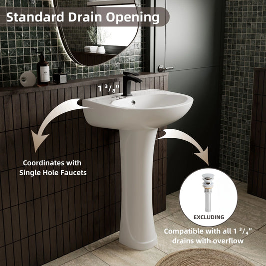 Los Flexi 20" x 17" Glossy White Pedestal Sink for Small Bathrooms with Overflow and Single Faucet Hole