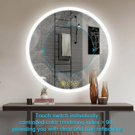 Brio Lighting SmartReflect Modern 32" Round LED Dimmable Anti-Fog Frameless Bathroom Vanity Mirror - Clear