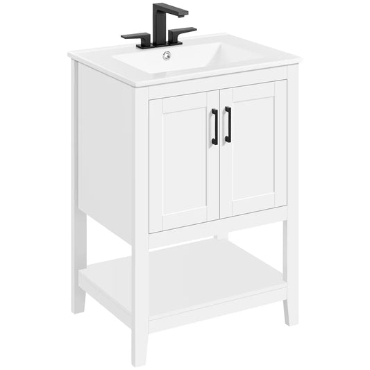 Alden Design 34" Wooden Bathroom Cabinet Vanity with Ceramic Vessel Sink, White
