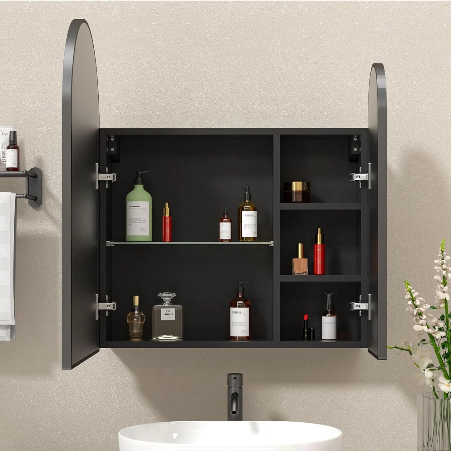 Black Arched Medicine Cabinet with Mirror,Black Medicine Cabinet with 2 Doors,Bathroom Medicine Cabinets Mirror Wall Mounted,24x28Inch