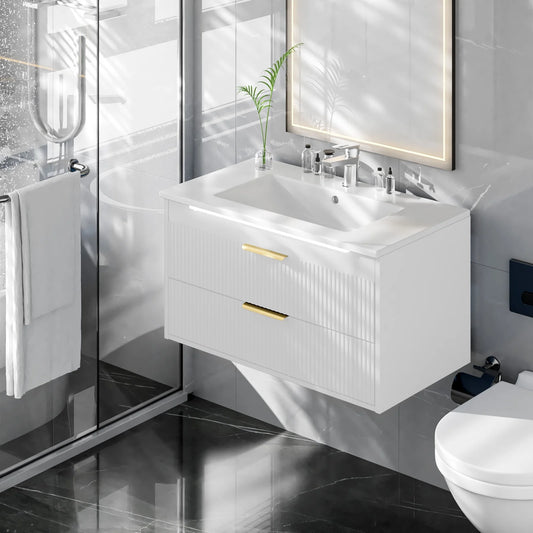Advwin 30" Wall Mounted Bathroom Vanity with Ceramic Sink, Modern Floating Bathroom Storage Cabinet with Sensor Light & 2 Extra Large Drawers, White