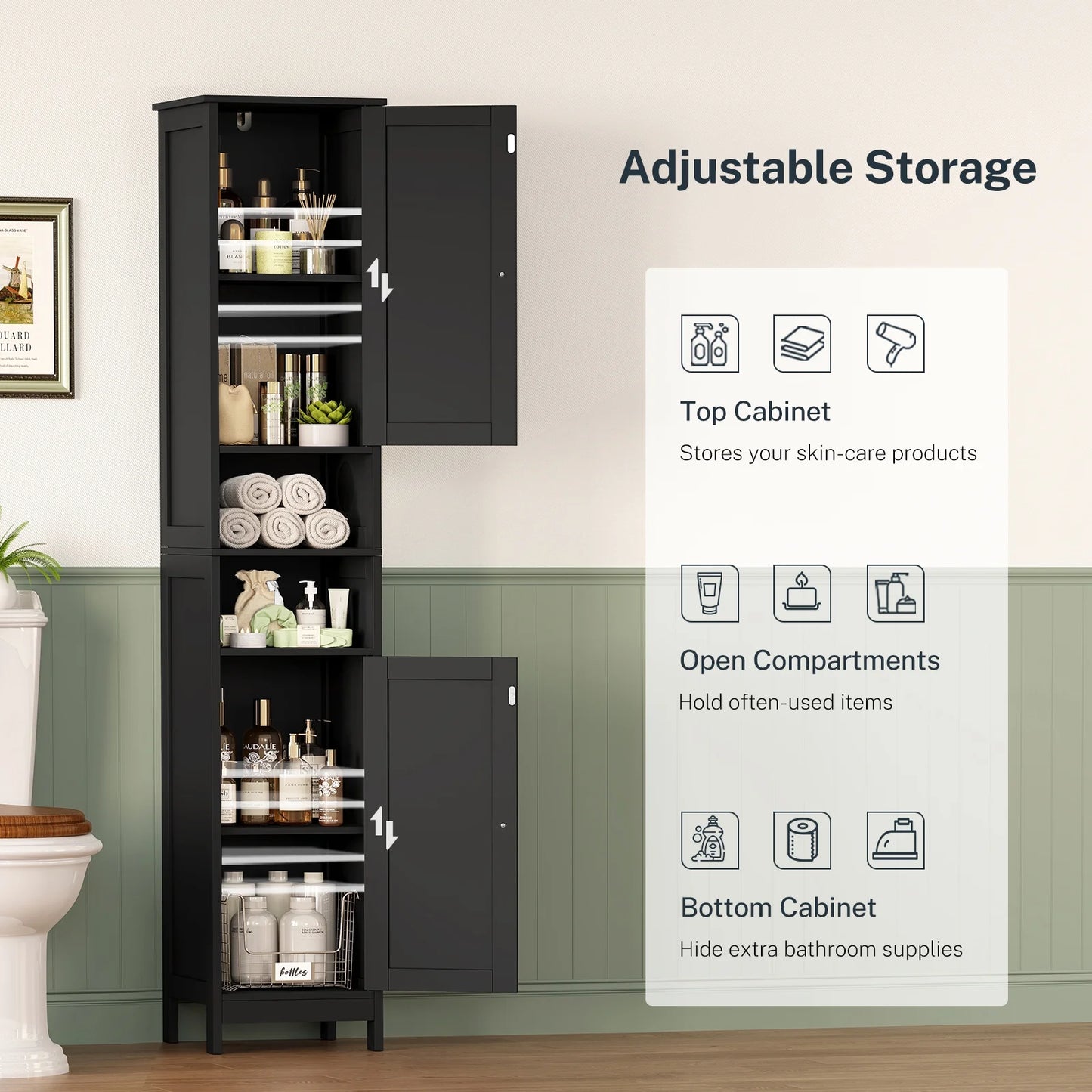 67" Tall Bathroom Cabinet with Adjustable Shelves and Doors, Bathroom Storage Cabinet for Small Space, Living Room, Entryway, Kitchen, White