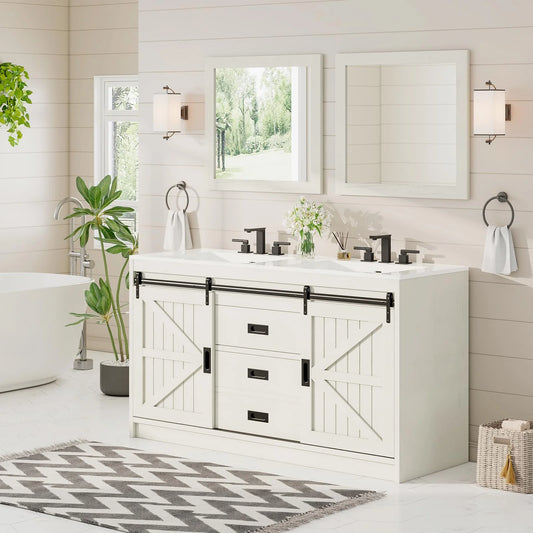 Merluxy 61" Farmhouse Double Bathroom Vanity with Sink Combo, Dual Basin Bathroom Storage Cabinet, Large Double Bath Vanity Sink Set, Rustic White