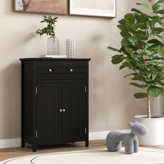 Topbuy Freestanding Bathroom Storage Cabinet Floor Cabinet with Drawer Doors and Adjustable Shelf for Storage Black