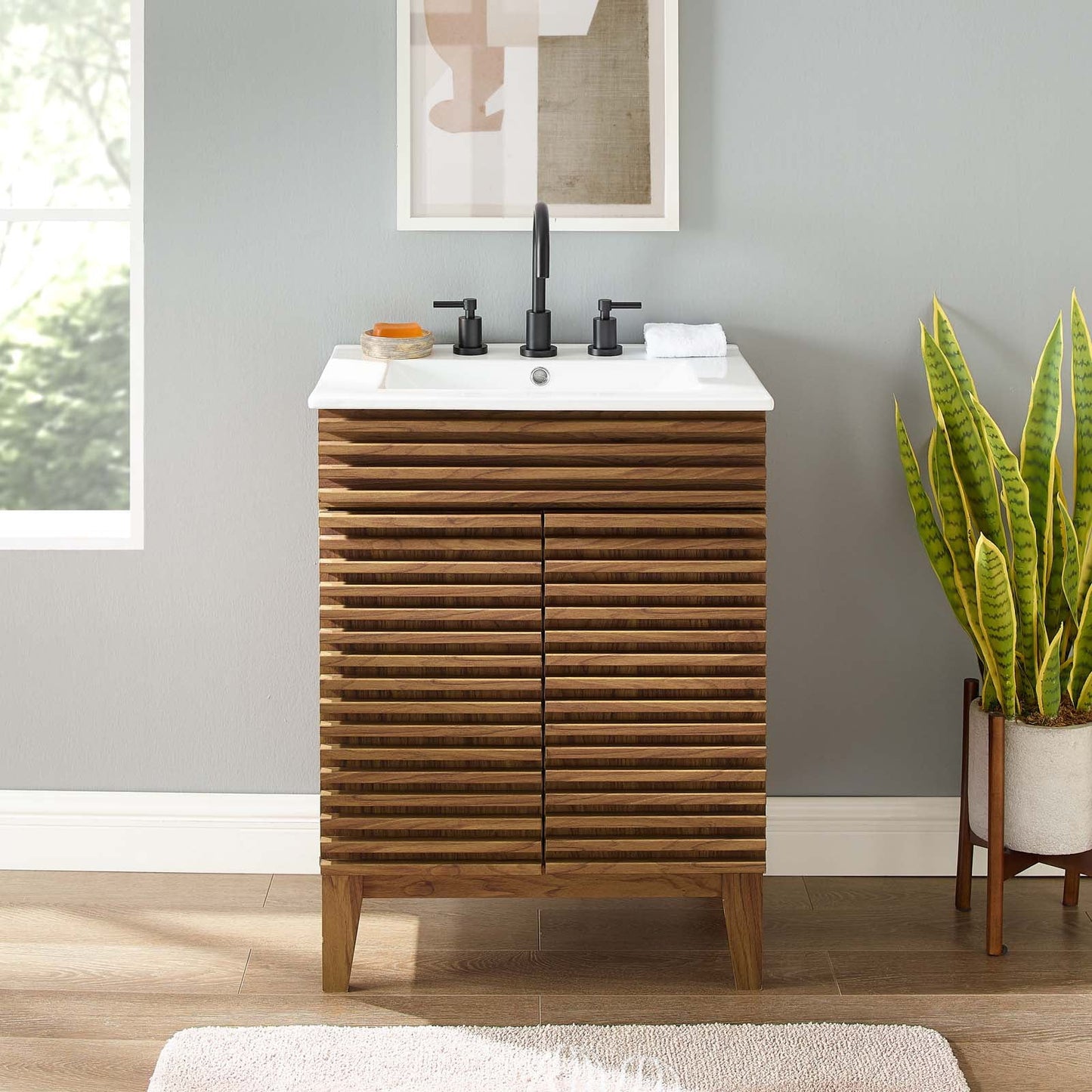 Modway Render Bathroom Vanity in Walnut White
