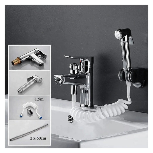 Bathroom Basin 2 In 1 Faucet, Brass Handheld Toilet Bidet Faucets, Sprayer Cold And Hot Water Mixer Bathtub Tap With Shower Set ,Easy to Install