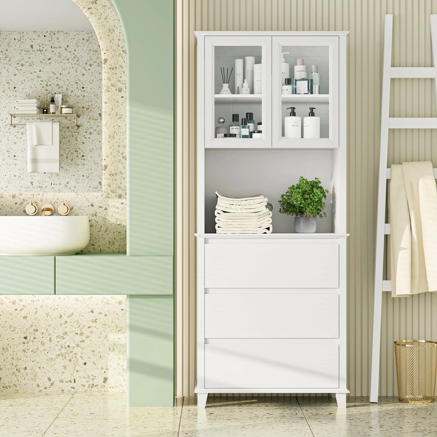 Homfa 3-Drawer Kitchen Storage Cabinet, 76.6'' Tall Cabinet with Clear Glass Door for Bathroom, White