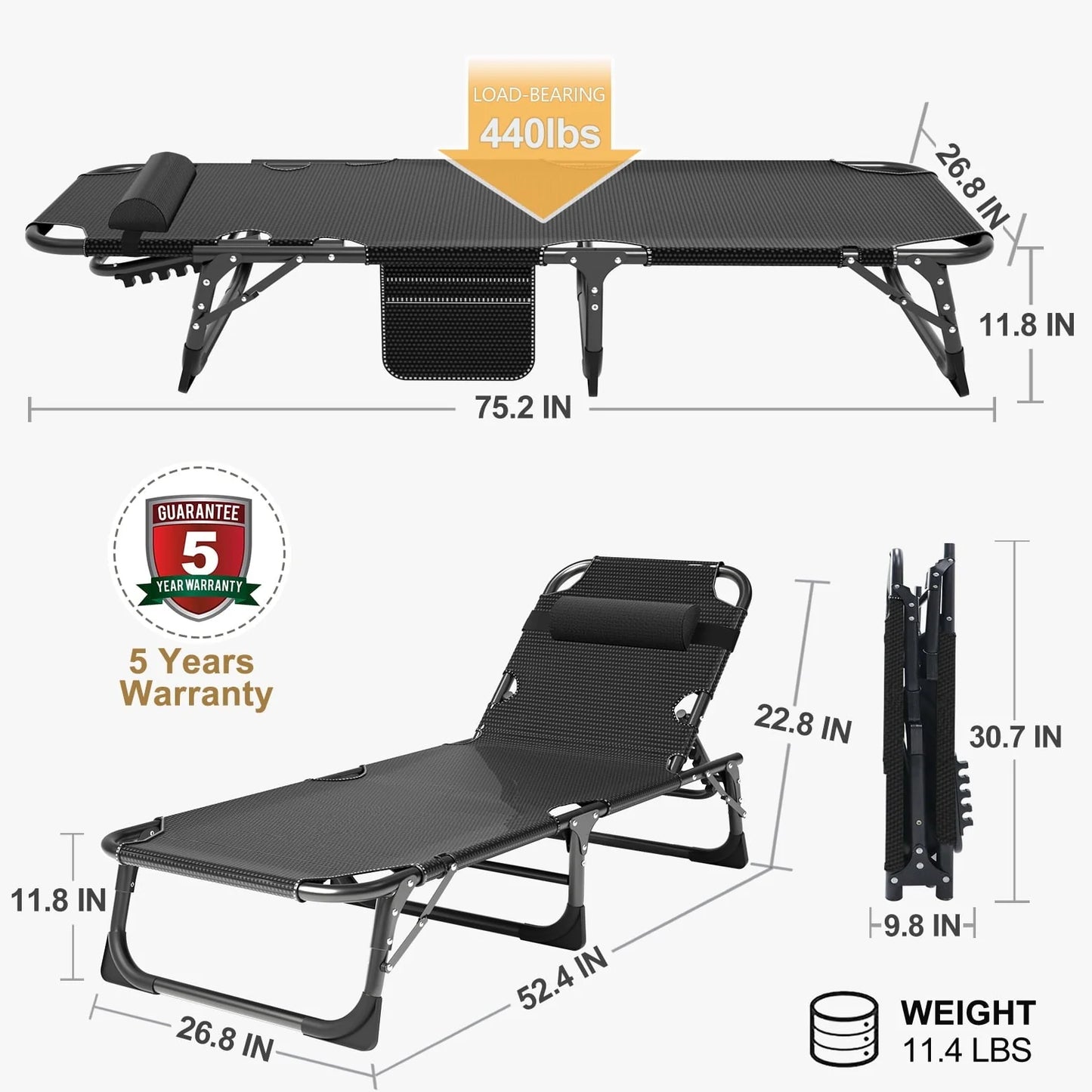 MOPHOTO 75" Adult Camping Cot Folding Cot, Portable Heavy Duty Adjustable 4-Position Sleeping Bed, Outdoor Patio Folding Lounge Chair for Sunbathing with Mattress