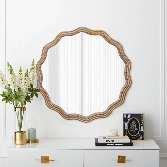 Honeey 24 Inch Circular Wave Wall Mirror, Large Decorative Wooden Frame Hanging Circular Mirror, Modern Farmhouse Decoration, Suitable for Bathroom, Living Room, Daycare Decoration