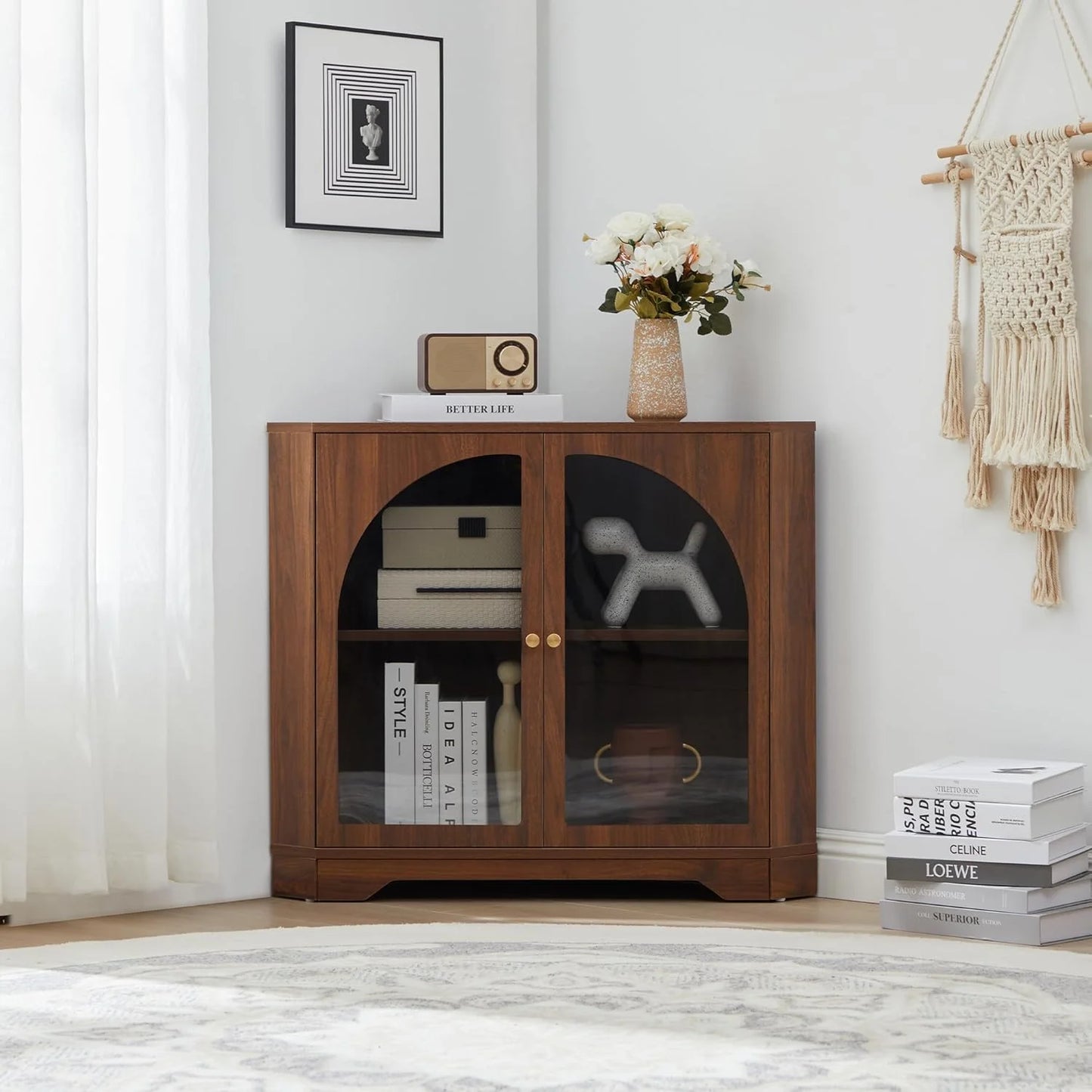 Mid Century Modern Corner Cabinet, Freestanding Curved Corner Storage Shelf with Doors and Adjustable Shelves, Farmhouse Storage Cabinet for Living Room Kitchen Bathroom (Walnut)