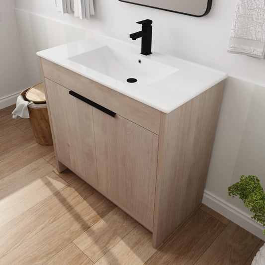 36 Inch Bathroom Vanity with White Ceramic Sink Combo, Large Storage Modern Freestanding Small Single Bath Vanity for Bathroom, Plain Light Oak