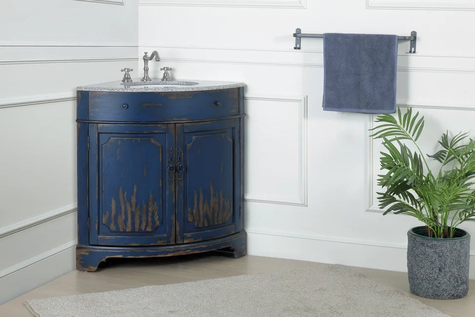 Benton Collection 24" Distressed Gray Corner Bathroom Vanity with White Quartz Top