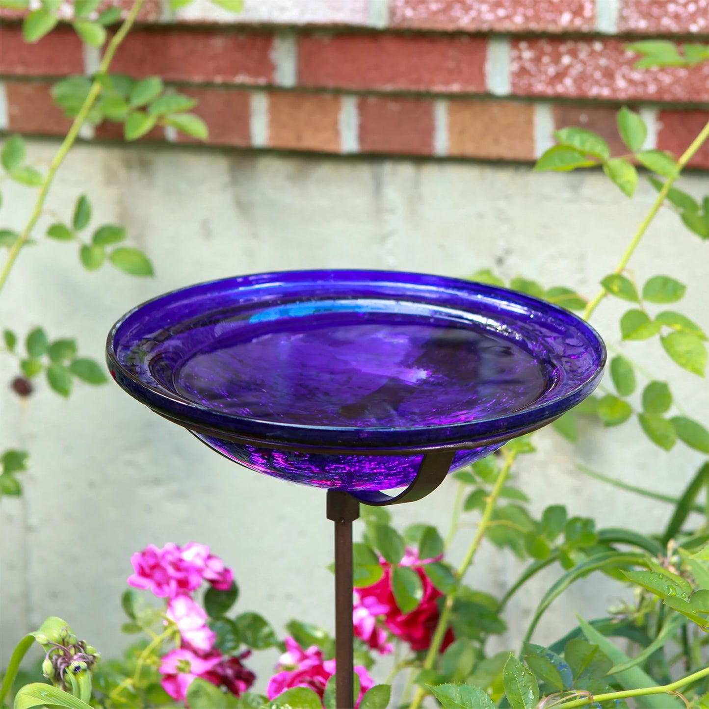 Achla Designs 12 In Hand Blown Crackle Glass Birdbath w/ Stake, Cobalt Blue