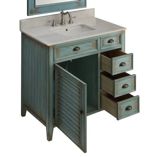 Benton Collection 36" Distressed Blue Farmhouse Bathroom Vanity with White Marble Top