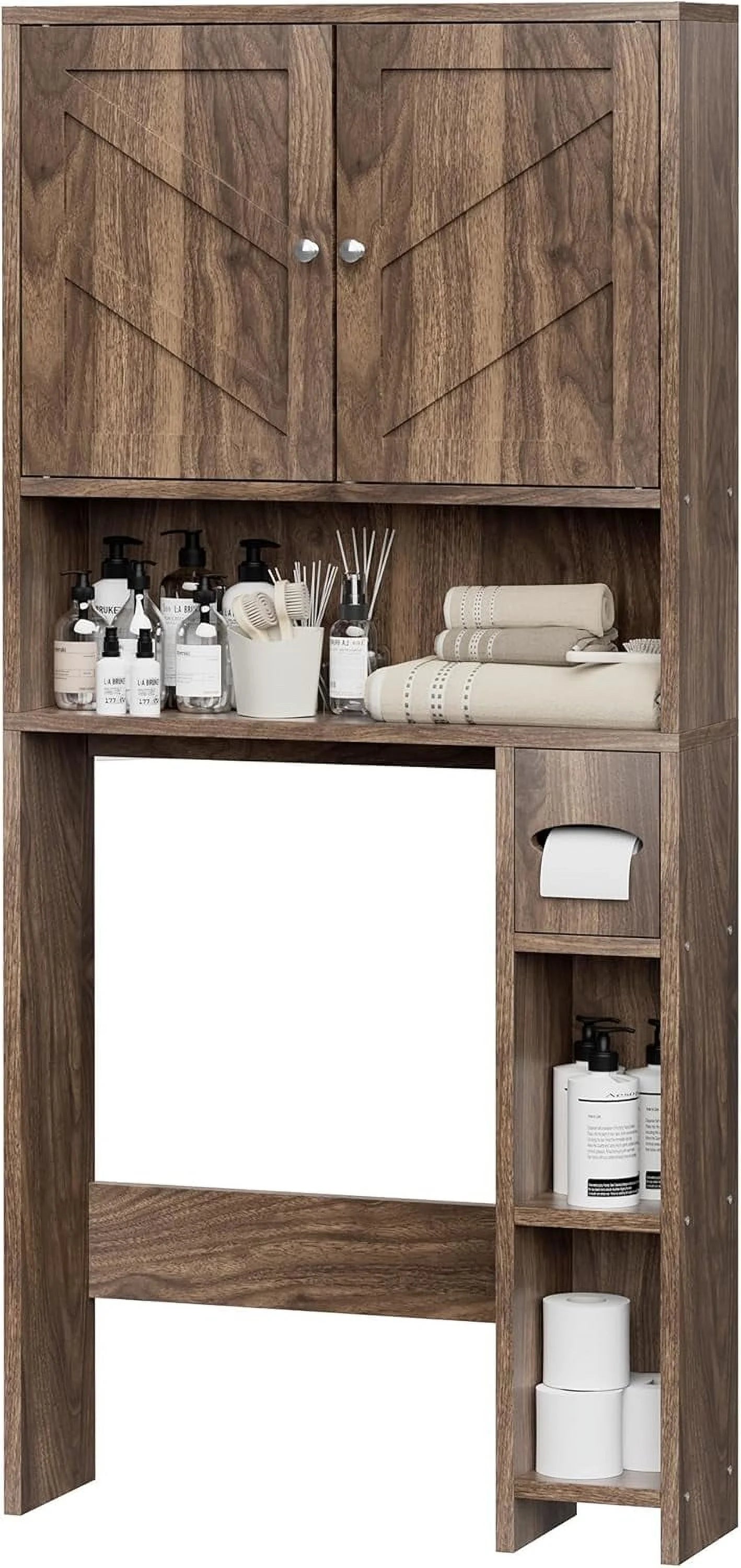 Over The Toilet Storage Cabinet, Farmhouse Storage Cabinet Over Toilet with Toilet Paper Holder Stand, Freestanding Bathroom Storage Organizer Space Saver W/Adjustable Shelf, Walnut