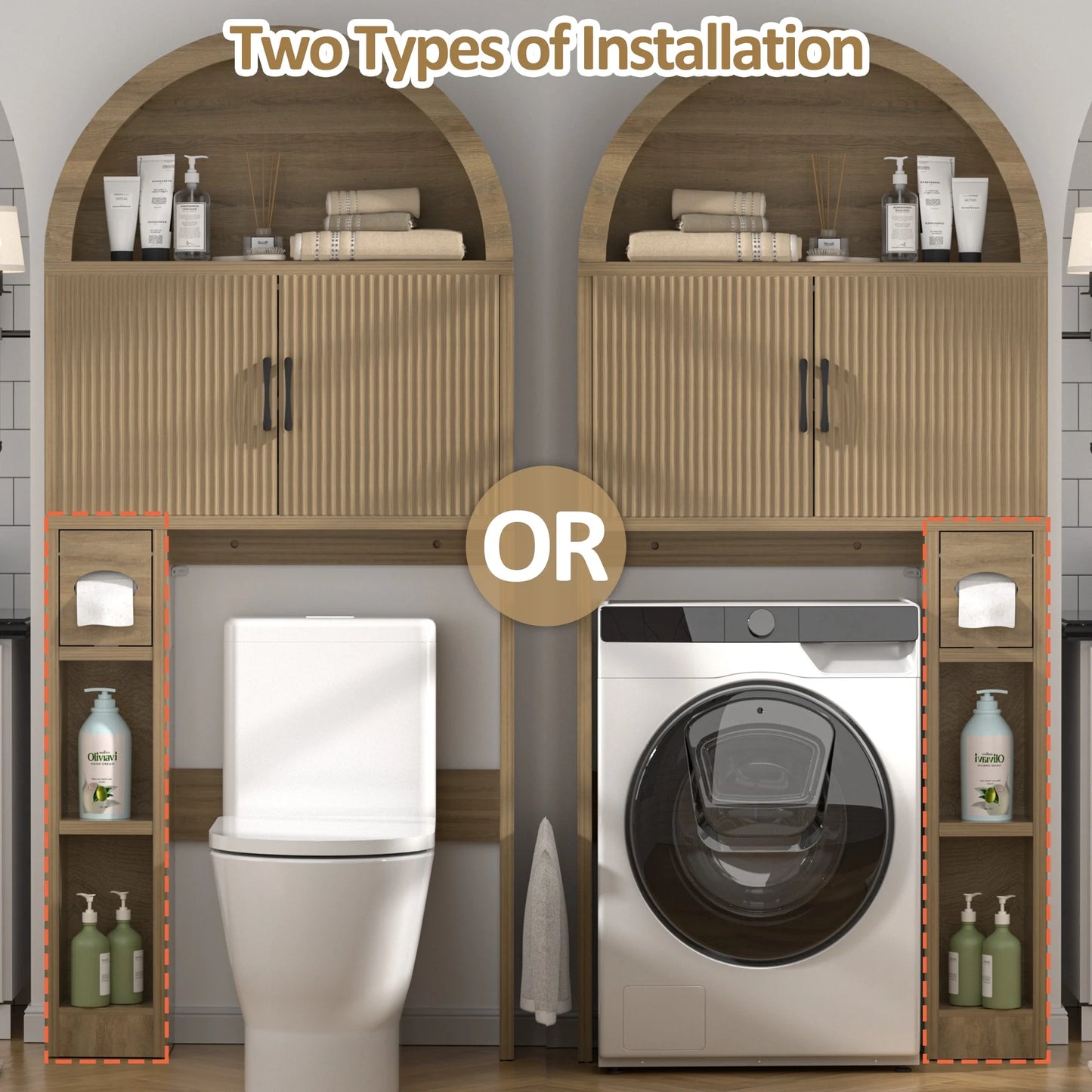 HARIPUL Over The Toilet Storage Cabinet w/ Unique Wood Grain & Arc Design, Freestanding Bathroom Shelf Organizer Space Saver w/ Doors & Anti-Tip Device, Wood Color