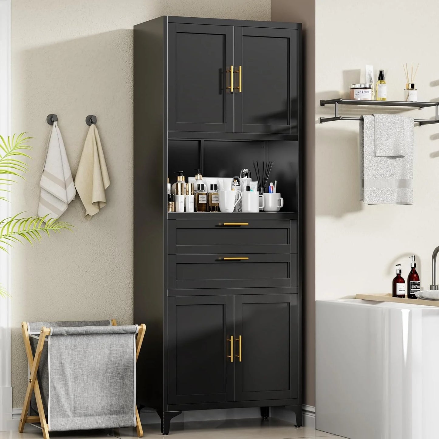75�� Tall Kitchen Pantry Storage Cabinet, Metal Storage Cabinet with 2 Drawers and Adjustable Shelves, Kitchen Pantry Cupboard, Freestanding Cupboard for Bathroom, Living Room(Black)