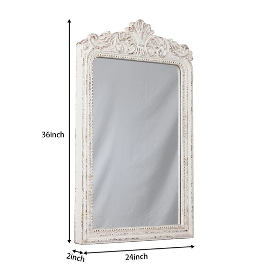 Sintosin Vintage Wood Framed Arendahl for Wall Decor 24" x 36", Hanging Distressed White Rustic Arched Wall Mirror, Ornate Baroque Bathroom Antique Mirror