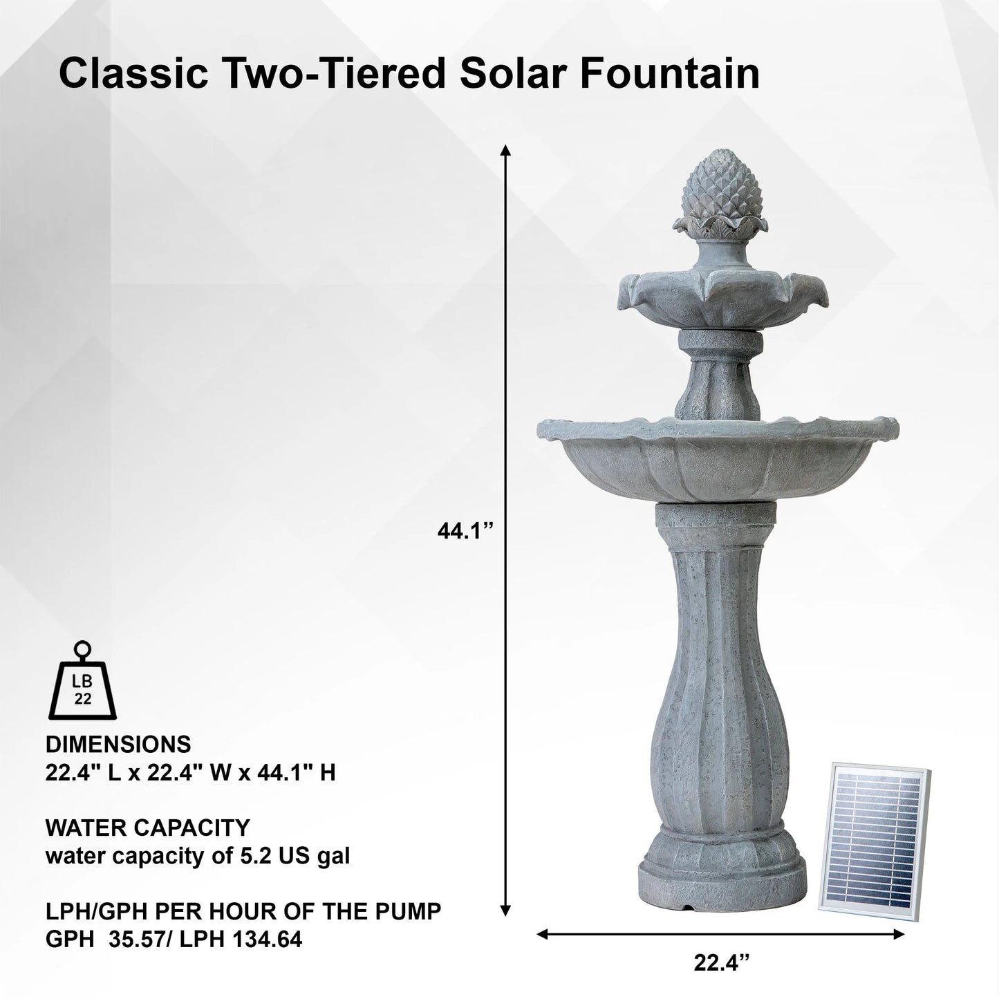 XBrand 44" H White Fiberglass/Resin 2-Tier Solar Water Fountain w/ Solar Panel and Auto-Shut Off Pump, Solar Garden Fountain, Tall Outdoor Fountain, Two Tiered Birdbath Fountain
