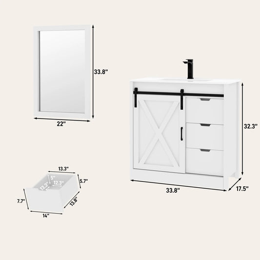 Blotout 36" Bathroom Vanity with Sink & Faucet & Mirror, Farmhouse Bathroom Vanity Cabinet Set with Sliding Barn Door & 3 Drawers, Freestanding Single Bath Storage Vanity Ceramic Sink, White