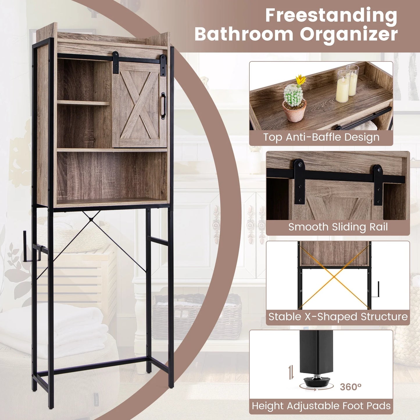 Topbuy Over The Toilet Storage Cabinet 4-Tier Bathroom Organizer w/ Adjustable Shelves Sliding Barn Door & Toilet Paper Holder Rustic Brown