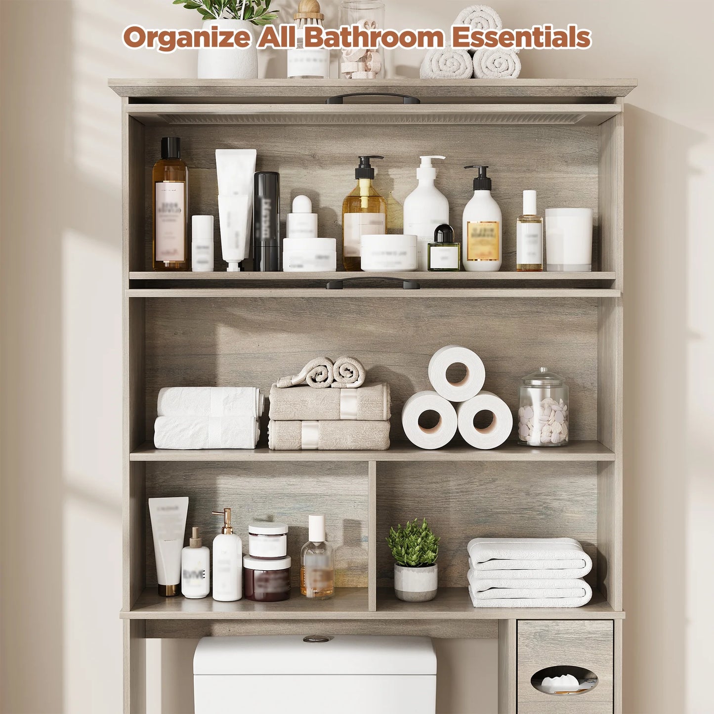 Vabches Over The Toilet Storage Cabinet with Transparent Flip Door, 33.2''W Bathroom Over Toilet Shelf Space Saver with Toilet Paper Holder