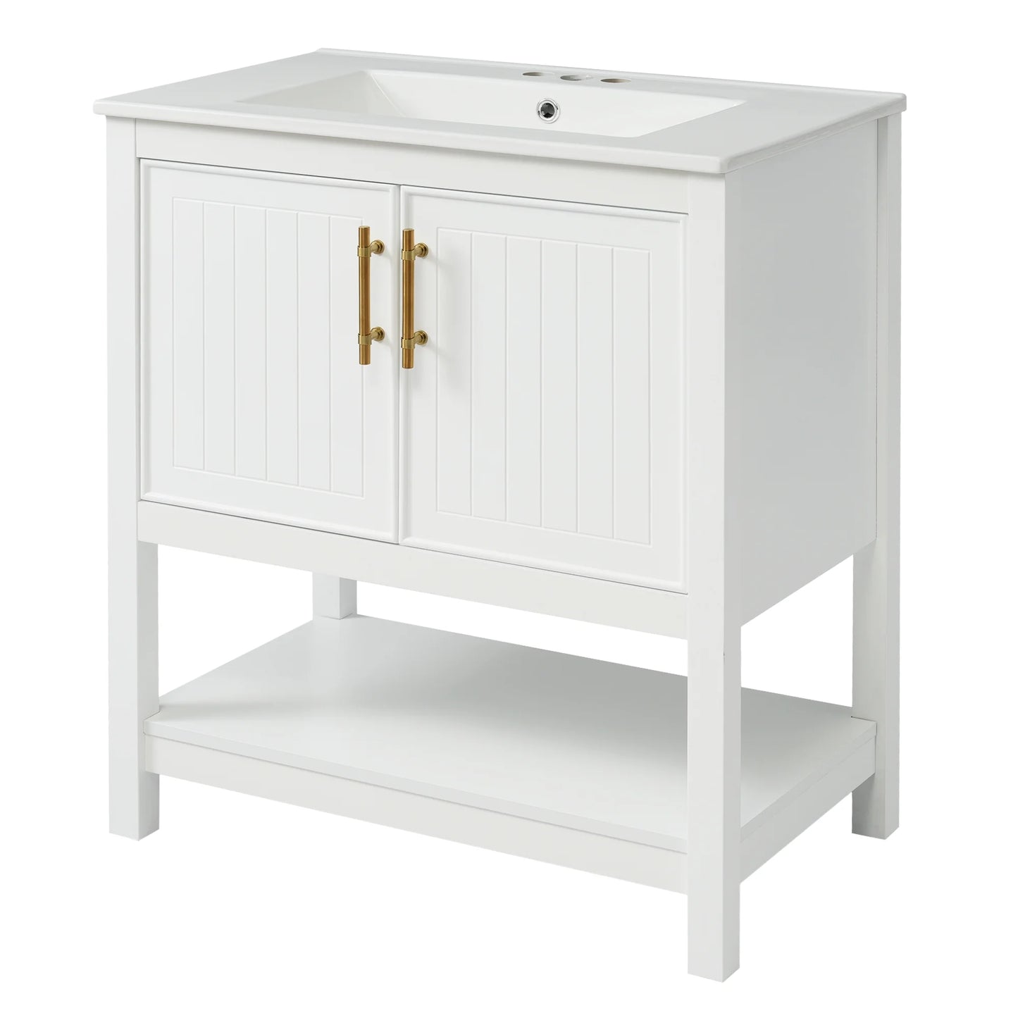 30-Inch White Bathroom Vanity with Ceramic Sink and Versatile Storage - Ideal for Small Bathrooms, White