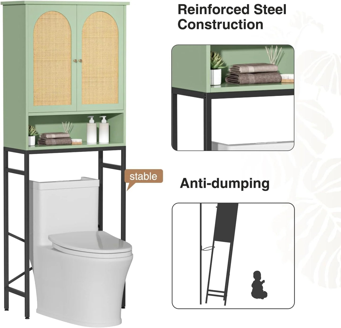 VEANERWOOD Rattan Over The Toilet Storage Cabinet, Bathroom Space-Saving Toilet Rack with Cupboard Metal Stand & Adjustable Shelf, Space Saver