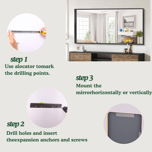 Organnice Rectangular Mirror Modern Black Frame Bathroom Vanity Mirror Clean Glass 60"L*28"W