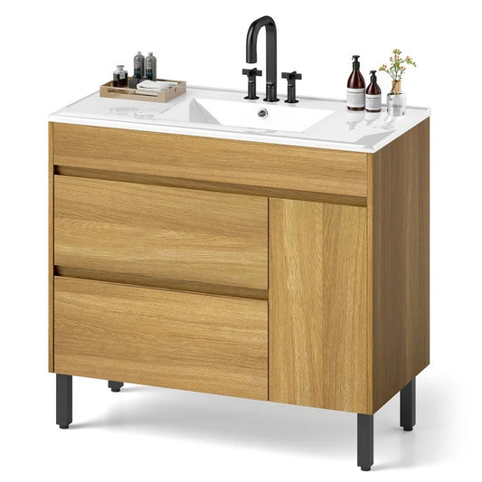 Uforic 36 " Bathroom Vanity with Undermount Sink, Free Standing Bathroom Storage Cabinet with 2 Drawers, Oak