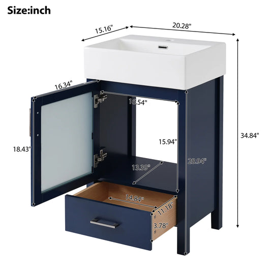 Harper & Bright Designs 20" Small Bathroom Vanity with Sink, Bathroom Vanity Cabinet with Ceramic Top and Storage Drawer, Blue