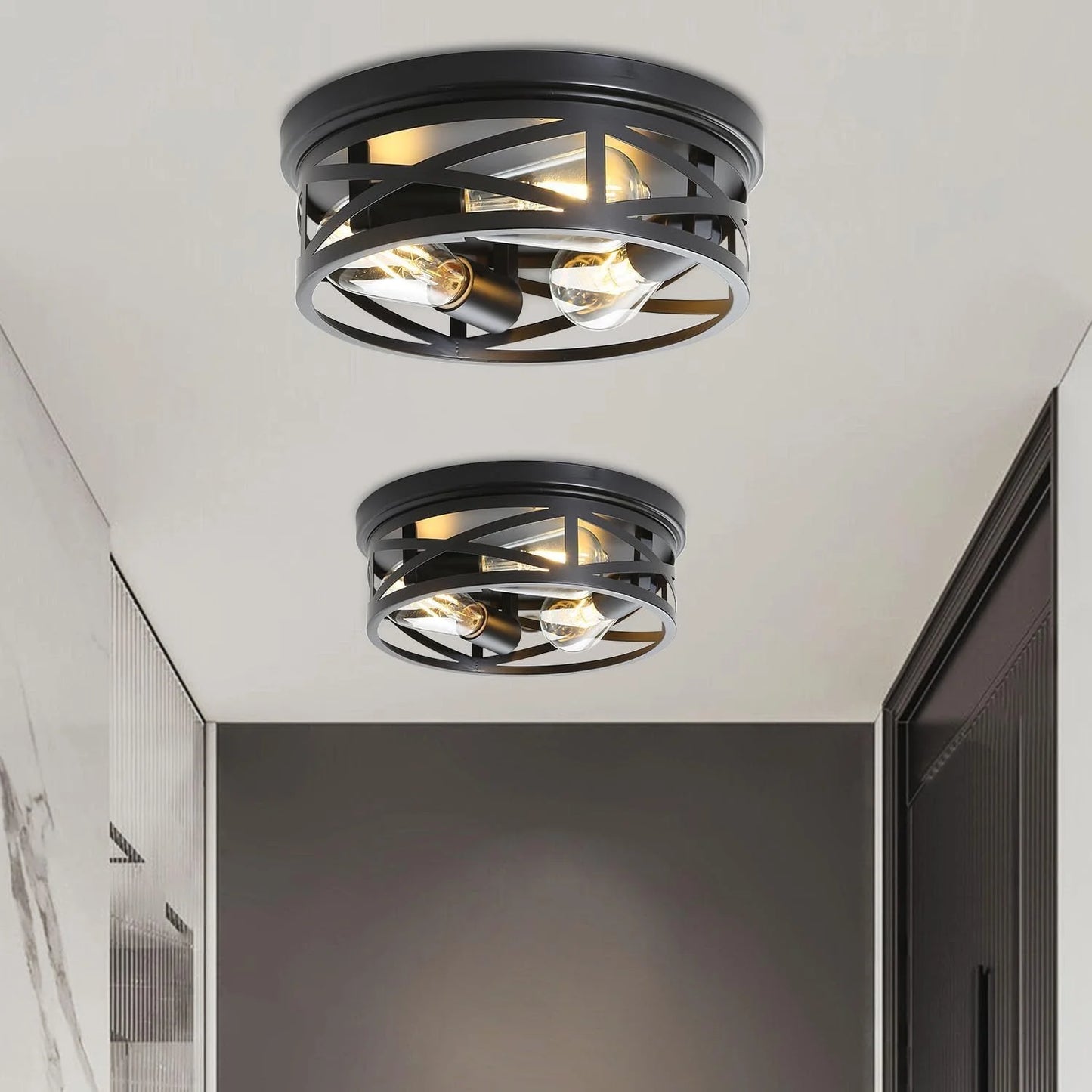 Gold Flush Mount Ceiling Light Fixture, 3-Lights Hallway Ceiling Lighting, Farmhouse Ceiling Mount Lights for Kitchen Entryway Bathroom - 2 Pack