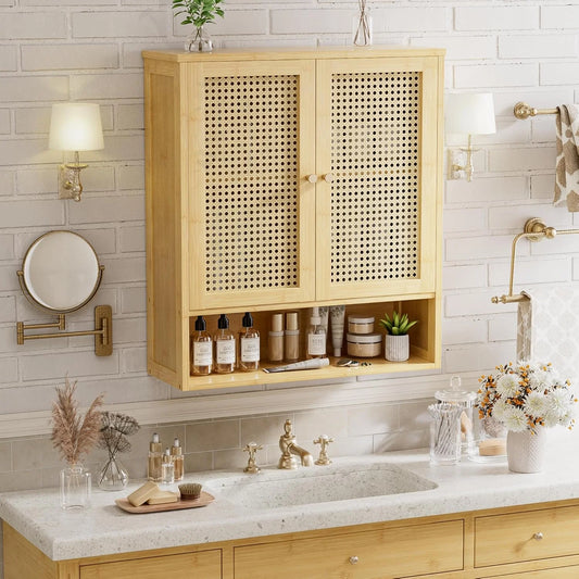 Bathroom Wall Cabinet, Bamboo Over-The-Toilet Storage Organizer with 2 Rattan Doors and Adjustable Shelf, Space Saver Medicine Cabinet for Laundry, Kitchen, Living Room (Natural)
