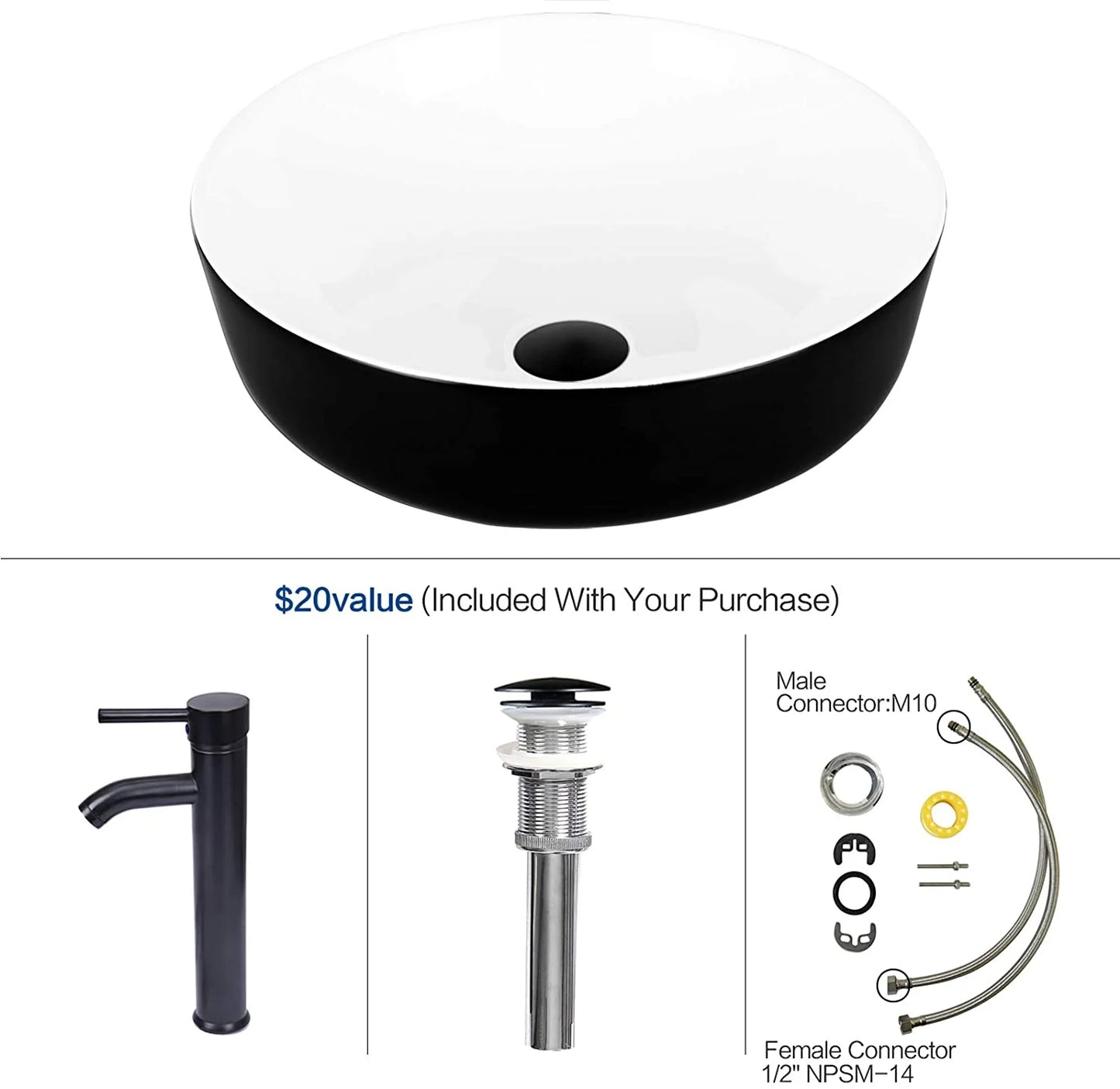 ELECWISH Black and White Ceramic Square Bathroom Sink Vessel Sink with Black Faucet and Pop up drain Combo, Round
