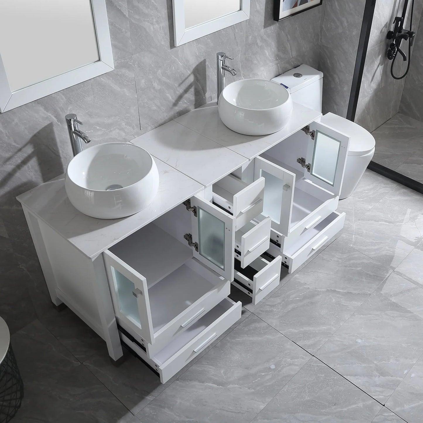 Wonline 60" Bathroom Vanity Wood Cabinet Double Ceramic Sink w/ Mirror White
