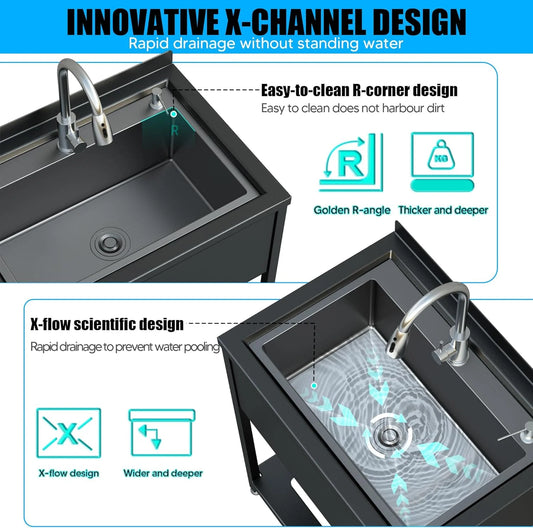 Stainless Steel Utility Sink, 30.8" × 22" × 39.5"Freestanding Sink with Cold and Hot Water Faucet,Hoses and Drain Kit for Kitchens, Bathrooms, Garage, Laundry Room
