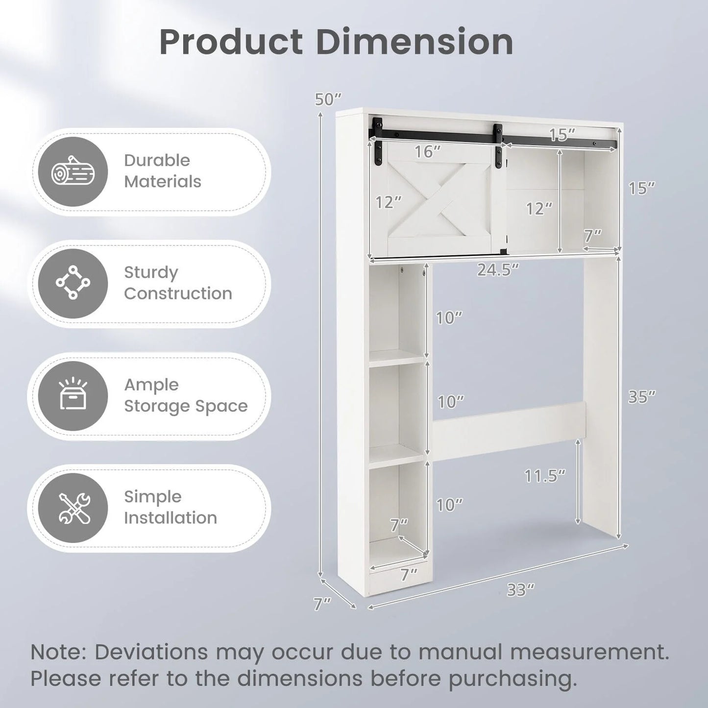 FONIRRA Over The Toilet Storage Cabinet with Sliding Barn Door Storage Shelves, Toilet Bathroom Organizer for Restroom Laundry, White