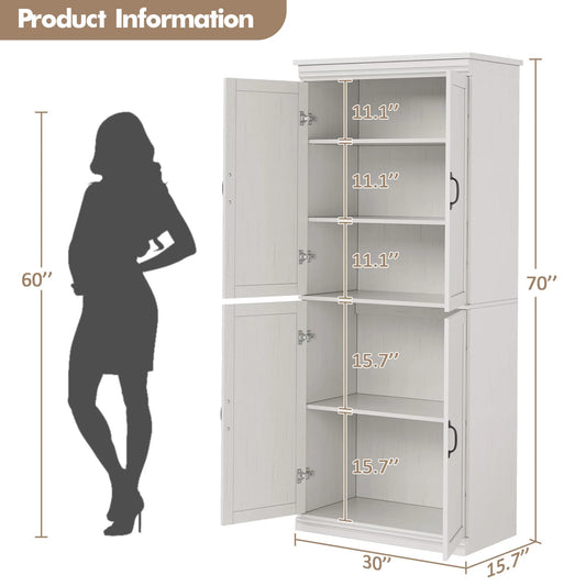 DSstyles Pantry Cabinet, Freestanding Kitchen Pantry Storage Cabinet,70" Cupboard, Tall Storage Cabinet with Doors and Adjustable Shelves, for Bathroom, Dining Room, Living Room, Antique White/Gray