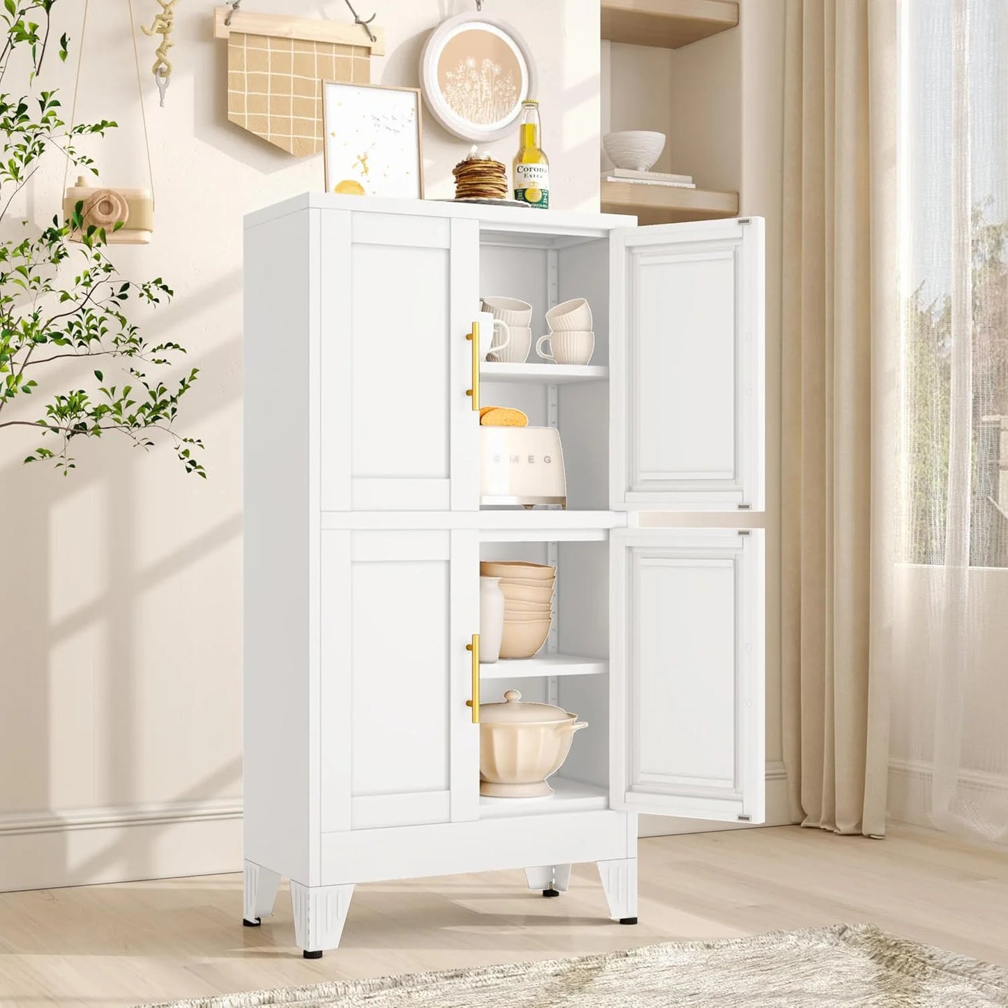 47.25" Metal Pantry Cabinet, Storage Cabinets with 4 Door and 2 Adjustable Shelves, White Bathroom Cabinet, Freestanding Cupboard for Kitchen Dining Living Room Bathroom