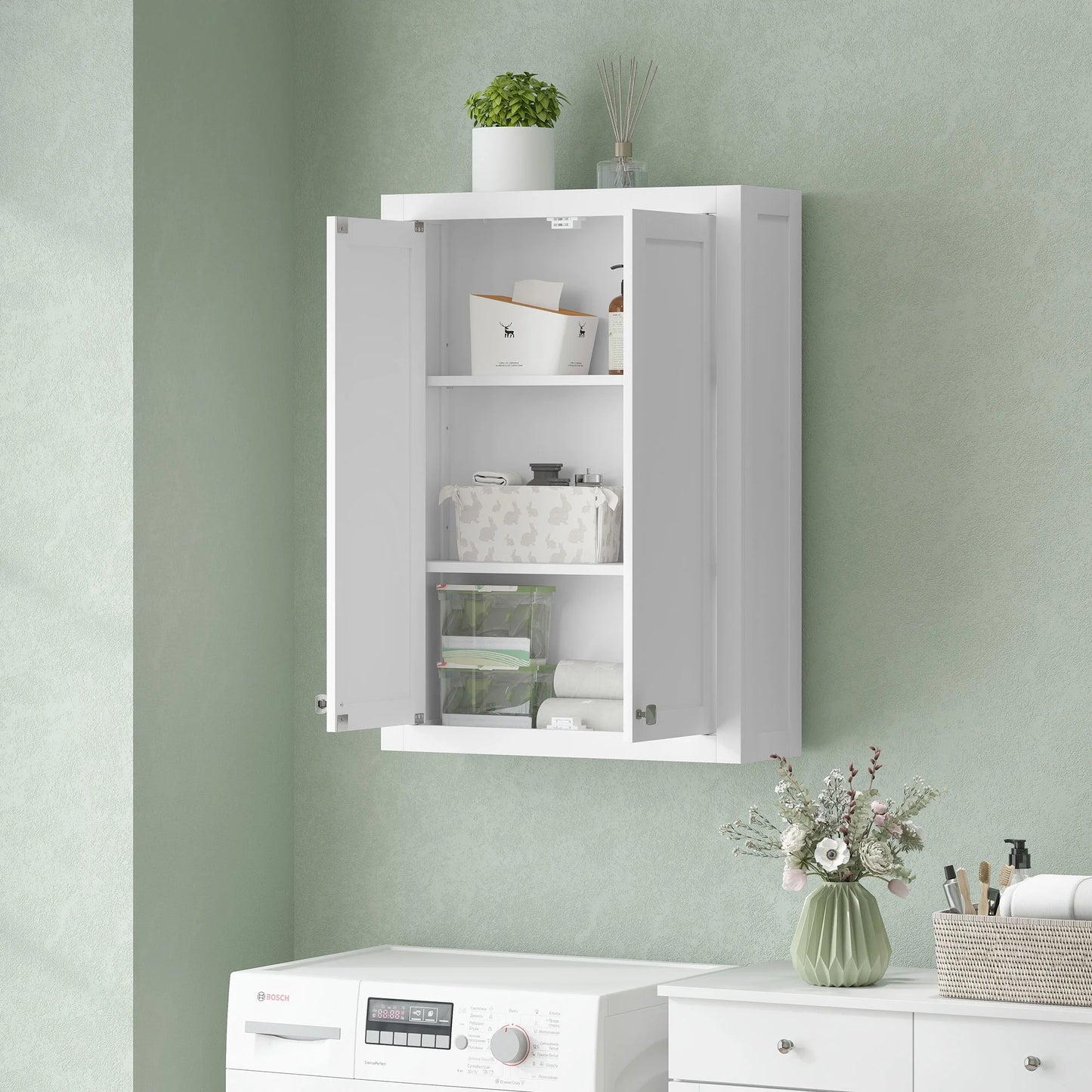 HOMCOM Bathroom Wall Cabinet, Modern Medicine Cabinet Wall Mounted, Over The Toilet Space Saver with 2 Doors and 2 Adjustable Shelves, White