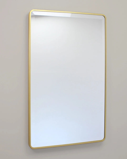 16x26 Austin Farmhouse Metal Framed Rounded Rectangle Recessed Bathroom Medicine Cabinet, Beveled Mirror, 14x24 in-Wall Opening, Powder-coated Steel, Adjustable Glass Shelves, Magnet Close, Gold