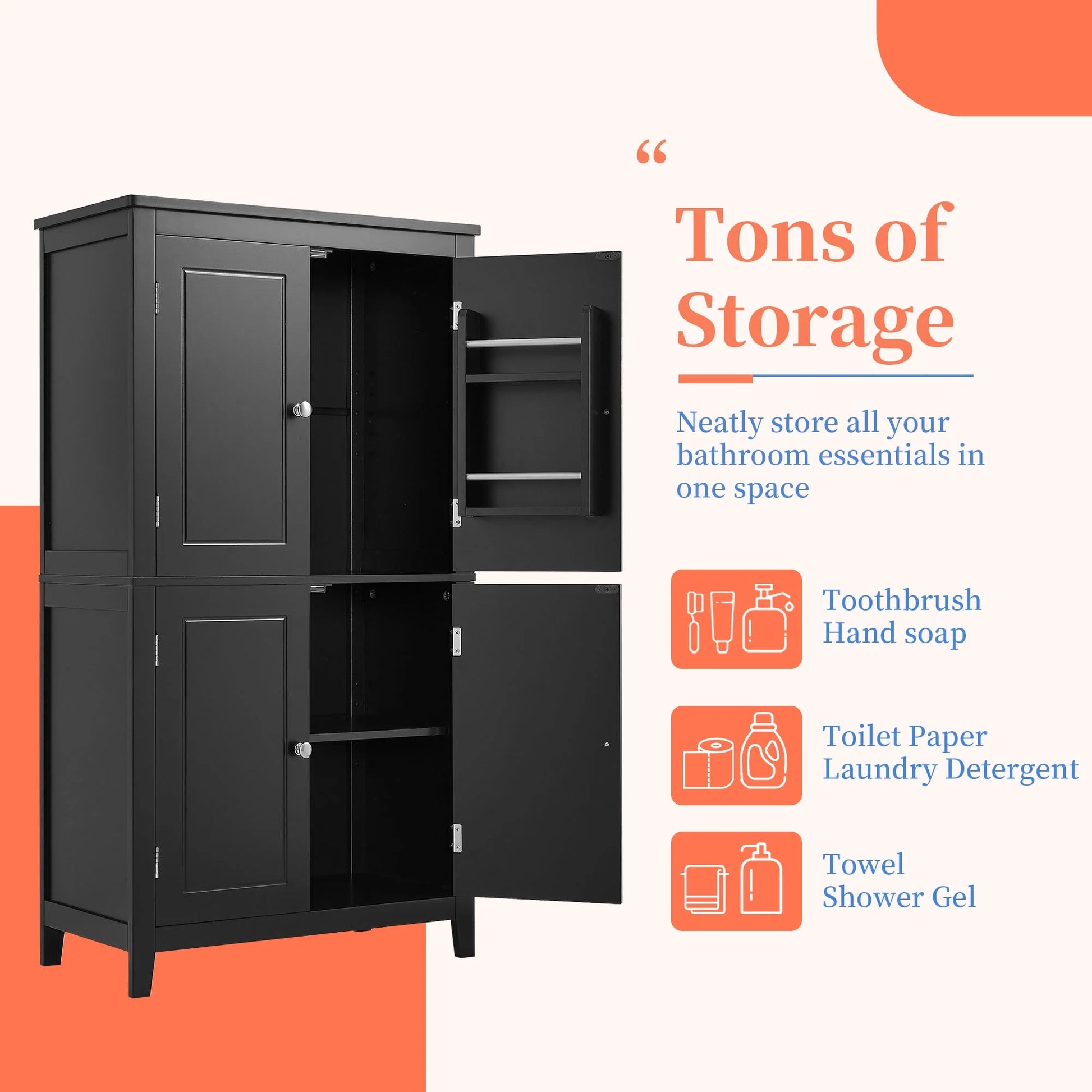 EUROCO Bathroom Floor Storage Cabinet,Bathroom Storage Unit,Freestanding Cabinet with 4 Doors,Adjustable Shelves,Adaptable Shelves,11.8 x 23.6 x 43.3 Inches,White